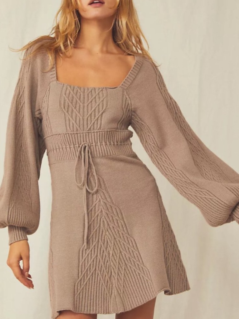 Free People Emmaline Sweater Mini Dress Taupe Balloon Sleeves Cut Out Back Large